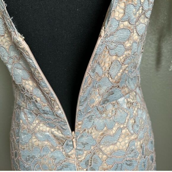 Eliza J Lace Asymmetrical Scalloped Hem Icy Blue Illusion Neckline Sheath Dress - Picture 9 of 15